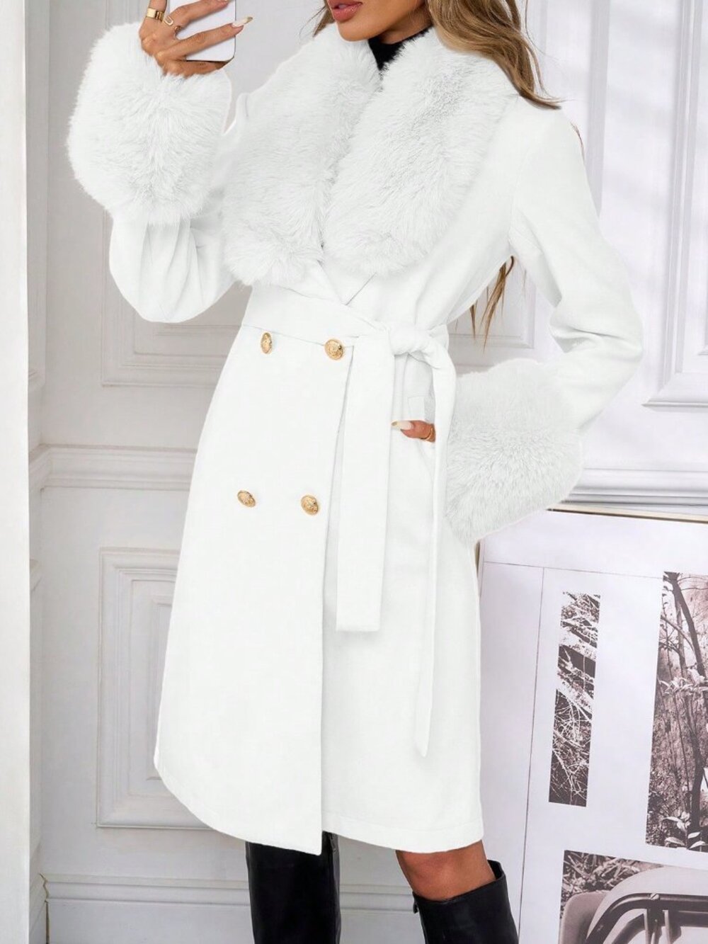 White Elegant Women's Faux Fur Collar Double-Breasted Overcoat